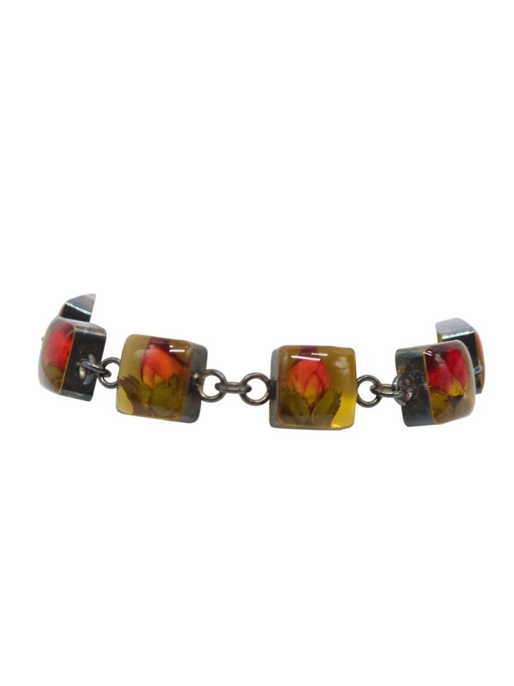 Vintage Sterling Silver Bracelet With Real Flower Resin Links 7.5 Inches Square